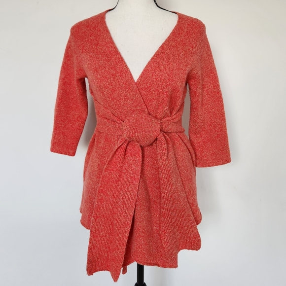 Anthropologie Canary Graceful Points Wool Open Front Cardigan Orange Cinch Belt - Picture 1 of 11